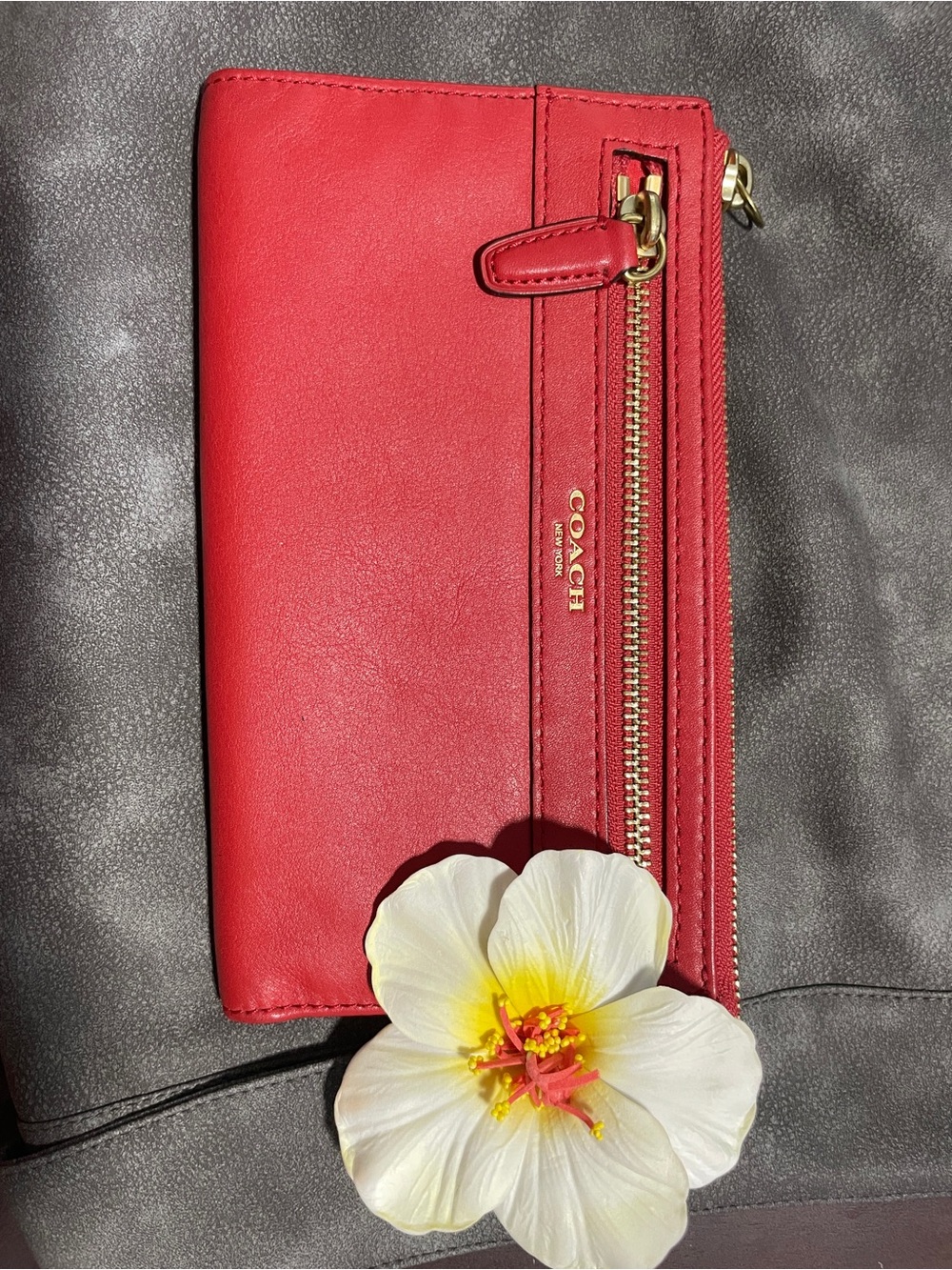 COACH Red/orange Leather Zip Wallet with Gold Hardware
